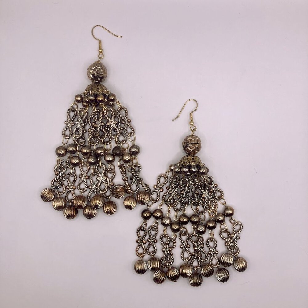 Vintage 70s Disco Glam Statement Long Gold Chandelier Tassel Dangle Earrings